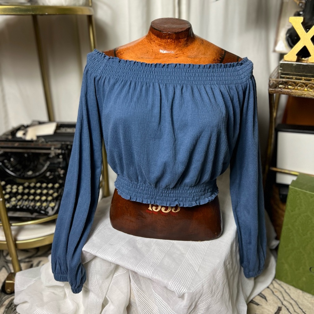 Off the shoulder Smocked Blue Blouse crop top coquette coastal cowgirl